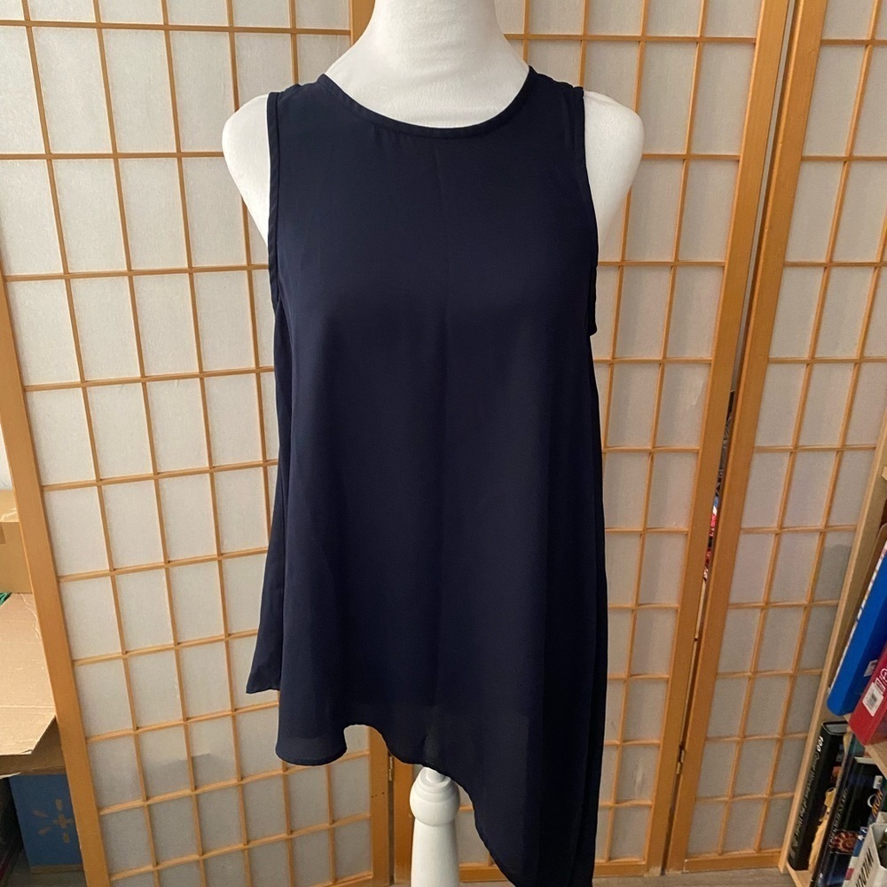 Philosophy Navy Blue Sleeveless Asymmetric Tunic Tank Blouse Top Size Small